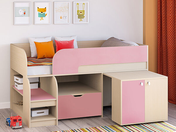 Детская кровать-чердак Астра 9 V9 Дуб молочный/Розовый