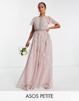 Розовое платье макси с жемчугом и цветочной вышивкой ASOS DESIGN Petite Bri