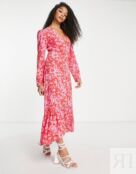 Розово-красное платье миди с высоким вырезом и цветочным принтом ASOS DESIG