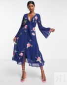 Темно-синее платье миди с цветочной вышивкой ASOS DESIGN