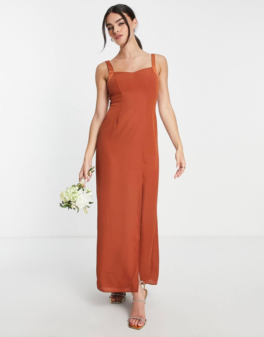 Платье макси цвета ржавчины ASOS DESIGN Bridesmaids с атласным округлым выр 119409791 фото 1