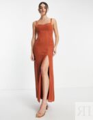 Платье макси цвета ржавчины ASOS DESIGN Bridesmaids с атласным округлым выр 119409791 фото 4