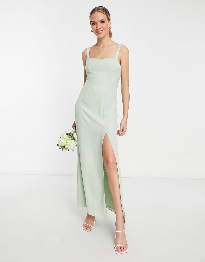 Светло-шалфейное платье макси ASOS DESIGN Bridesmaids с атласным округлым в 119383449 фото 1