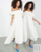 Кремовое пышное платье миди с открытыми плечами ASOS EDITION