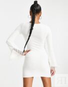 Кремовое трикотажное мини-платье с бахромой на манжетах ASOS DESIGN Petite