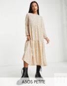 Ярусное бежевое платье миди с длинными рукавами ASOS DESIGN Petite 121144944 фото 1