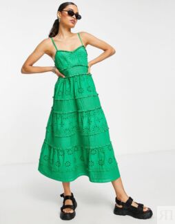 Зеленое платье миди с защипами и защипами на бретельках Topshop Petite