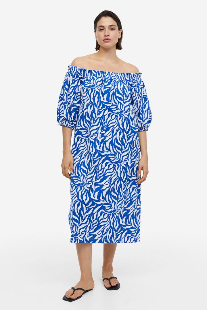 Платье с открытыми плечами H&M, ярко-синий/с рисунком 1169074001 | Bright blue/patterned фото 1