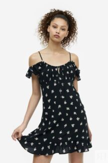 Платье с открытыми плечами и развевающимися рукавами H&M, черный/цветочный