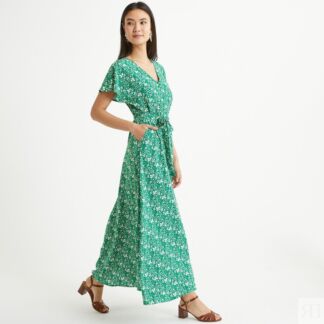 Платье длинное расклешенное с цветочным принтом  54 зеленый