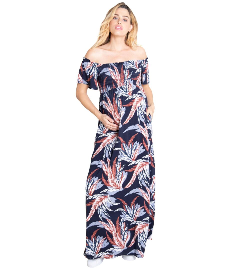 Платье Ingrid & Isabel, Maternity Off-the-Shoulder Smocked Maxi Dress 9456642 | Navy Feathers фото 1