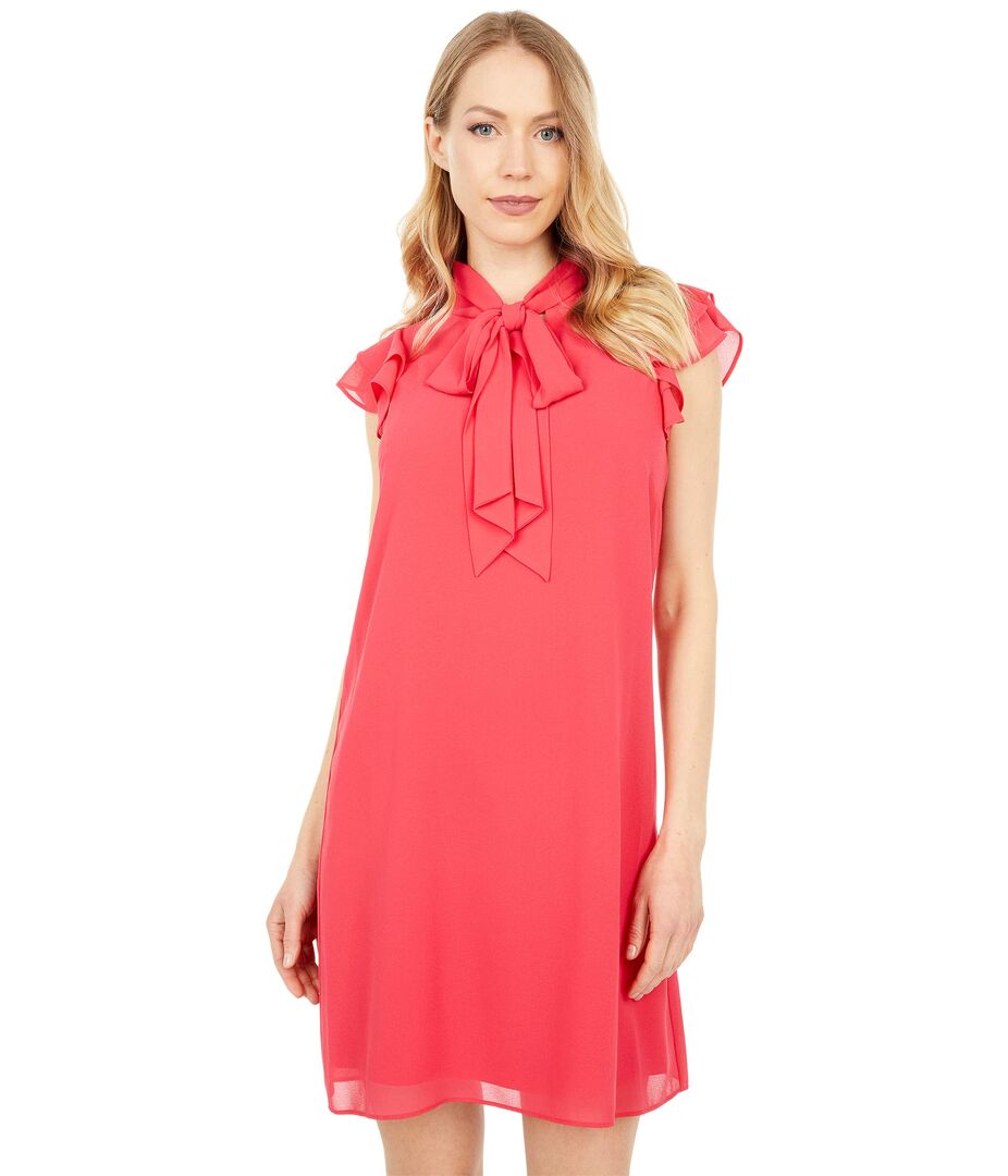 Платье Vince Camuto, Chiffon Ruffle Sleeve Tie Mock Neck Float 9519071 | Coral фото 1