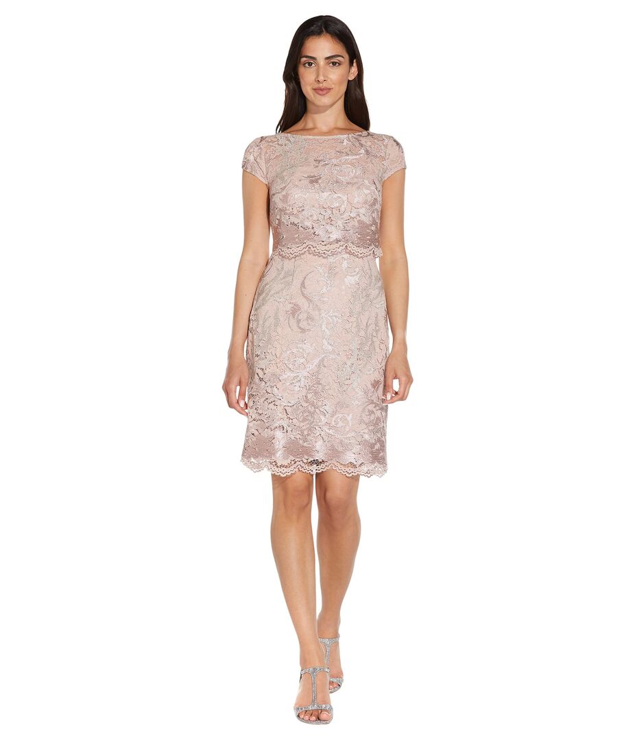 Платье Adrianna Papell, Cap Sleeve Embroidered Lace Dress 9691218 | Dusty Rose фото 1