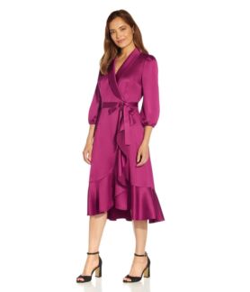 Платье Adrianna Papell, Satin Crepe Side Tie Wrap Dress with Cascade and Fl