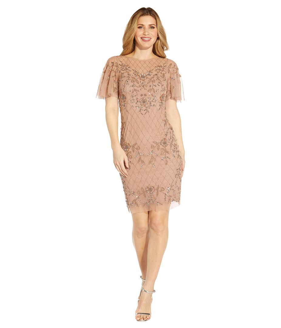 Платье Adrianna Papell, Flutter Sleeve Beaded Cocktail Dress 9732915 | Rose Gold фото 1