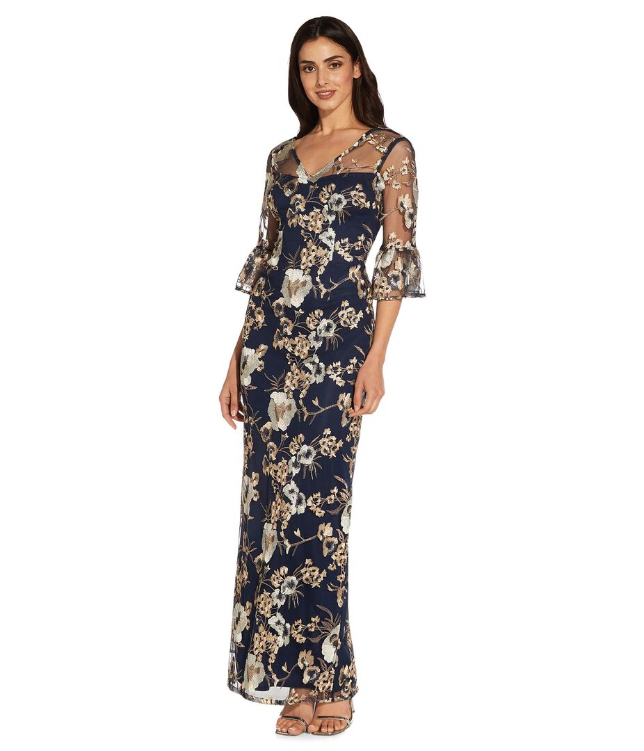 Платье Adrianna Papell, Bell Sleeve Embroidered Column Gown