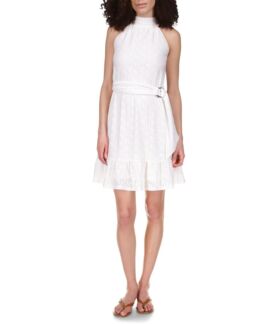 Платье MICHAEL Michael Kors, Eyelet Mock Neck Belted Mini Dress