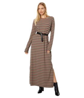 Платье Mod-o-doc, Multicolor Autumn Stripe Long Sleeve Crew Neck Maxi Dress