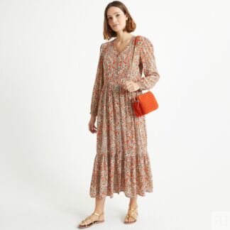 Платье длинное расклешенное с цветочным принтом  50 оранжевый