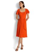 Платье LAUREN Ralph Lauren, Belted Crepe Flutter-Sleeve Dress 9813164 | Vivid Tangerine фото 1