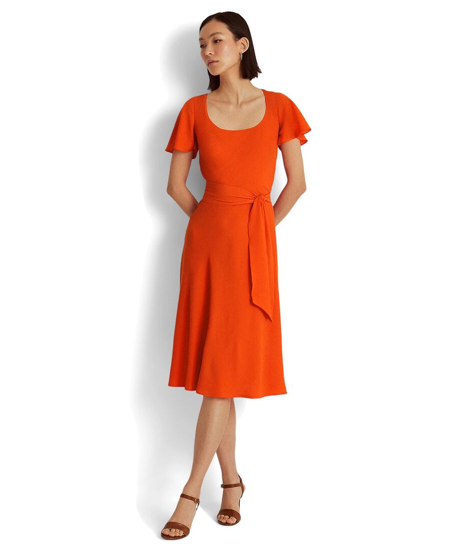 Платье LAUREN Ralph Lauren, Belted Crepe Flutter-Sleeve Dress 9813164 | Vivid Tangerine фото 1