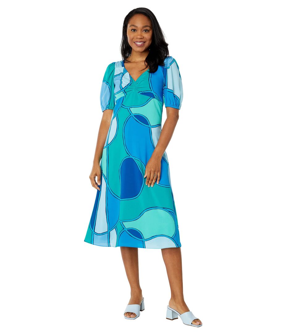 Платье Donna Morgan, Puff Sleeve Midi Dress 9822614 | Green/Blue фото 1