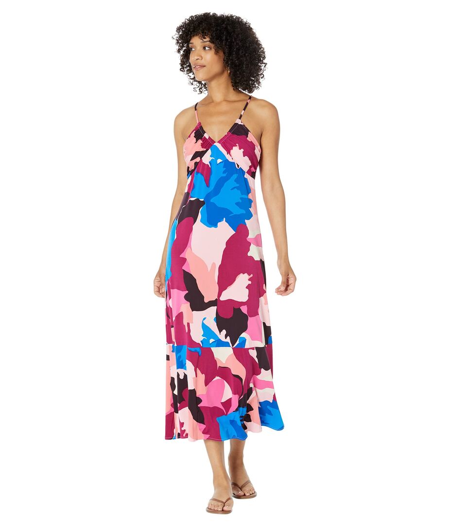 Платье Donna Morgan, Printed Halter Midi Dress 9822631 | Beige/Magenta фото 1