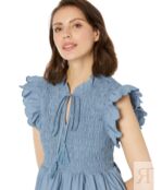 Платье MOON RIVER, Scallop Sleeve Smocked Yoke Tie Neck Mini Dress 9828605 | Dusty Blue фото 3