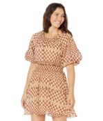 Платье MOON RIVER, Grid Print Bubble Sleeve Back Cutout Mini Dress 9828607 | Tan фото 1