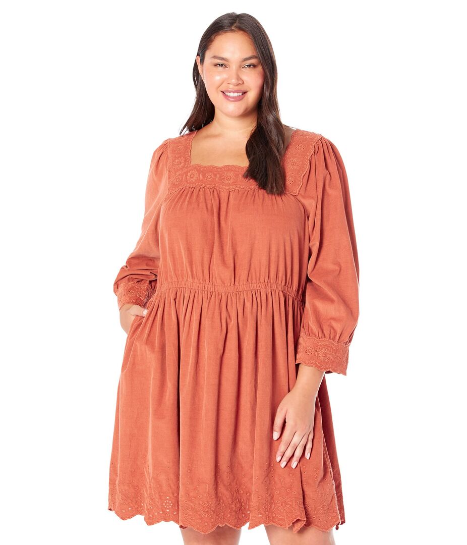 Платье Madewell, Plus Embroidered Corduroy Square-Neck Mini Dress 9844883 | Warm Umber фото 1