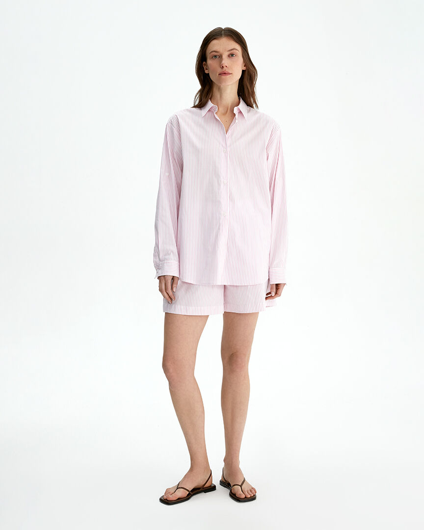 Удлиненная рубашка из 100% хлопка, розово-белая полоска